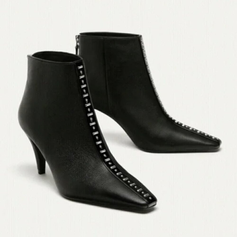 Zara Faux Leather  Studded Boots Booties Heels Sz 9
